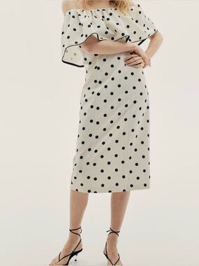 H&M Cream Strapless Polka Dot Dress with Black Trim